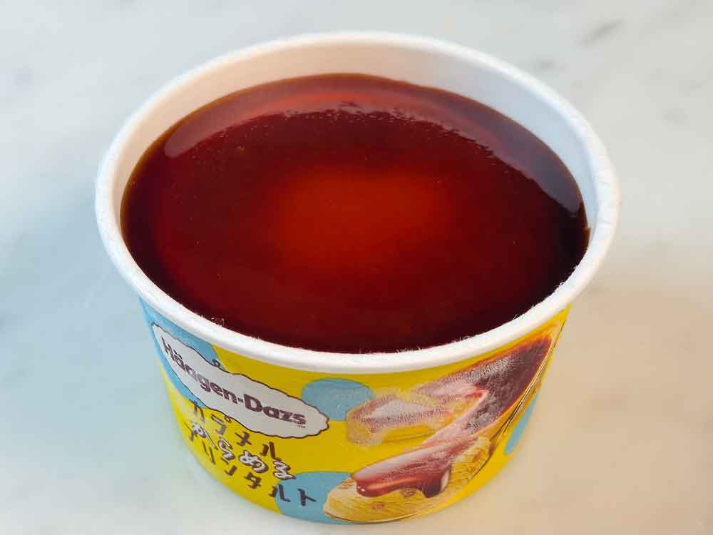 カラメルソースが全面に広がったプリンタルトアイス